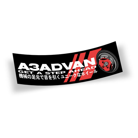 Advan A3A slap sticker featuring an image of the Advan A3A with the text Get A Step Ahead on a black background offsetvwith the famous Advan red stripes.