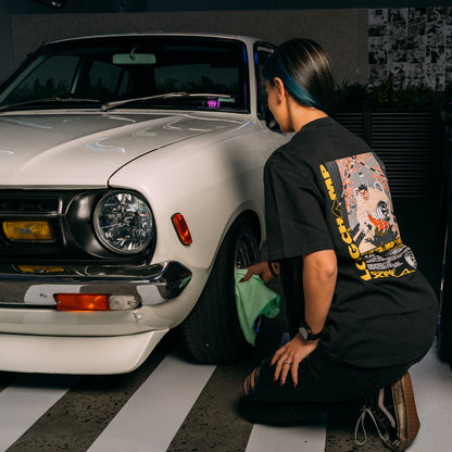 Model Wearing Long Champ Black Heavy Faded T-Shirt Showing The Back Print