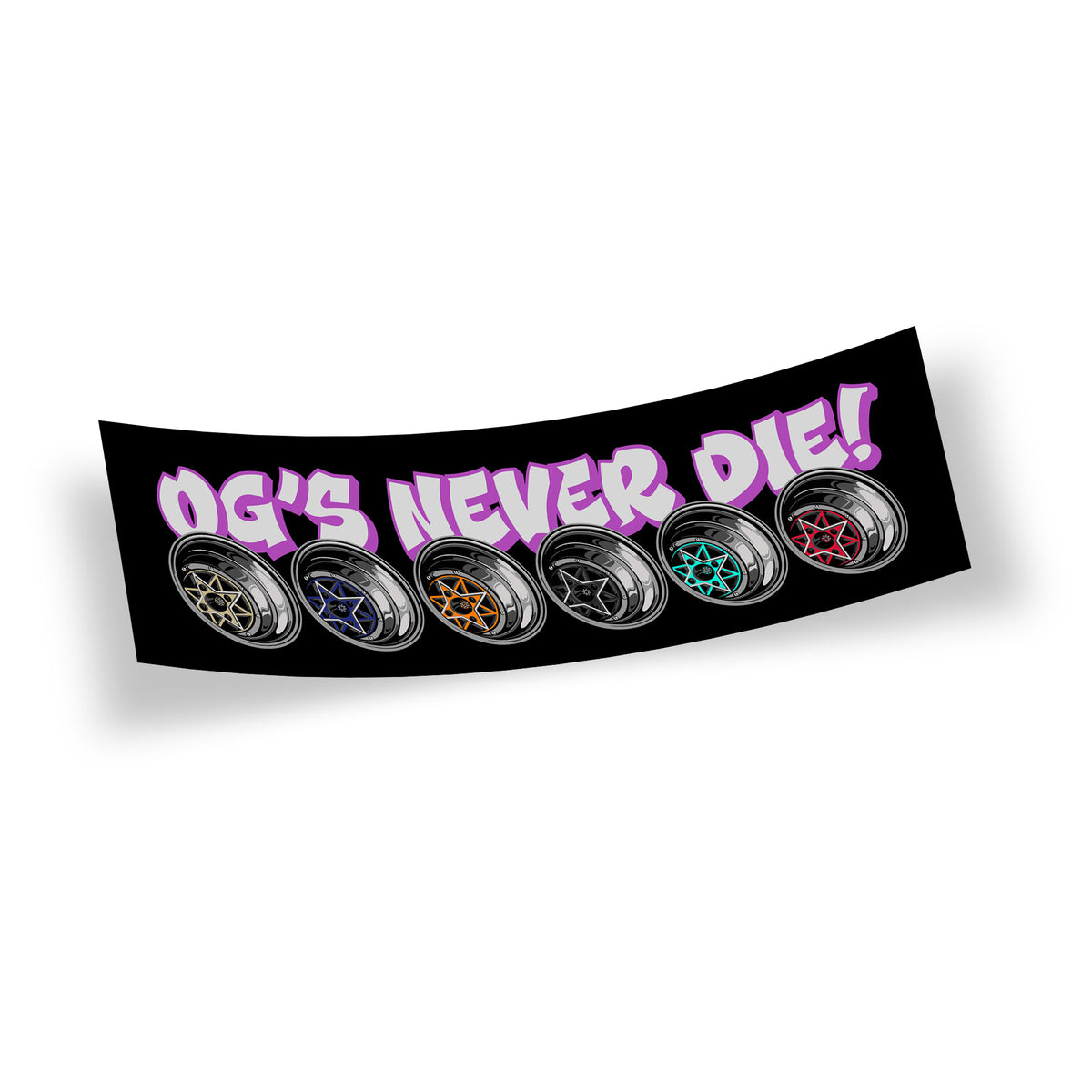 OG Starshark slap sticker featuring 6 Starshark wheels in different colour variations with the phrase OG's never die! in a white text with purple shadow on a black background