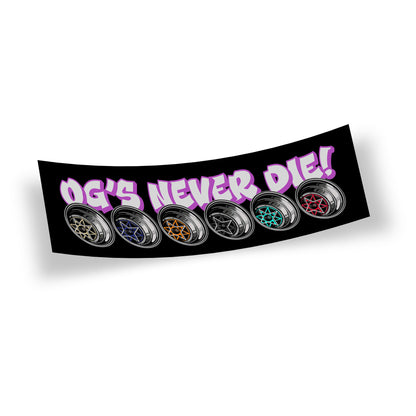 OG Starshark slap sticker featuring 6 Starshark wheels in different colour variations with the phrase OG's never die! in a white text with purple shadow on a black background