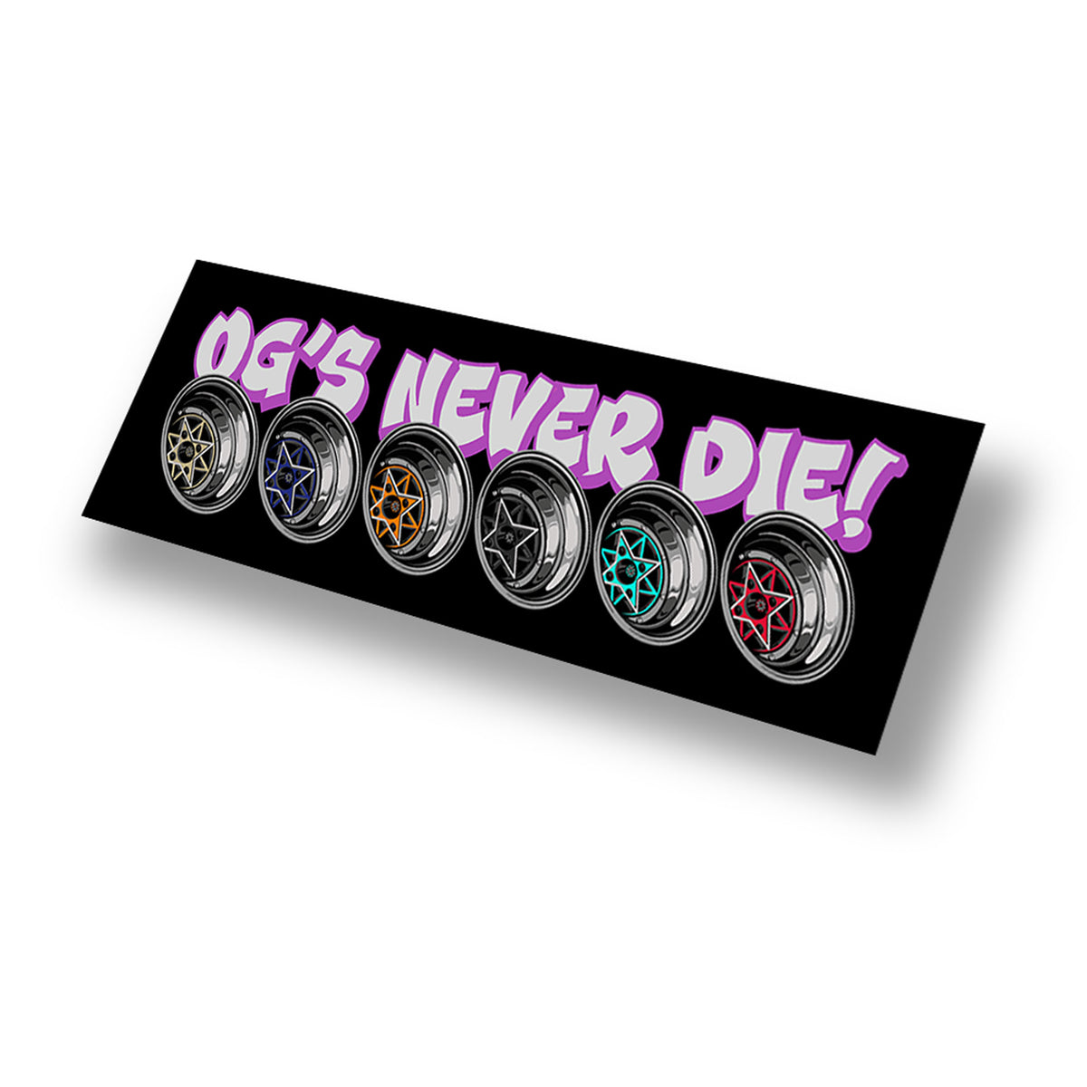 Angled view of OG Starshark slap sticker featuring 6 Starshark wheels in different colour variations with the phrase OG's never die! in a white text with purple shadow on a black background