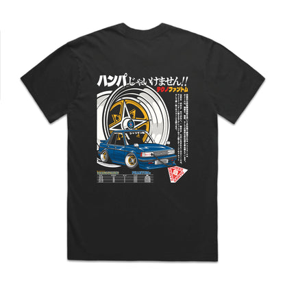Hayashi Racing Techno Phantom Black Heavy Faded T-Shirt back print with Techno Phantom Kyusha wheel and Shakotan GX71 car artwork
