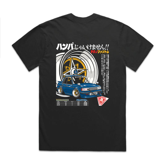 Hayashi Racing Techno Phantom Black Heavy Faded T-Shirt back print with Techno Phantom Kyusha wheel and Shakotan GX71 car artwork
