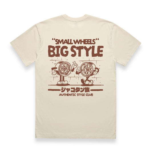Small Wheels Big Style Ecru Heavy Faded T-Shirt Back Print