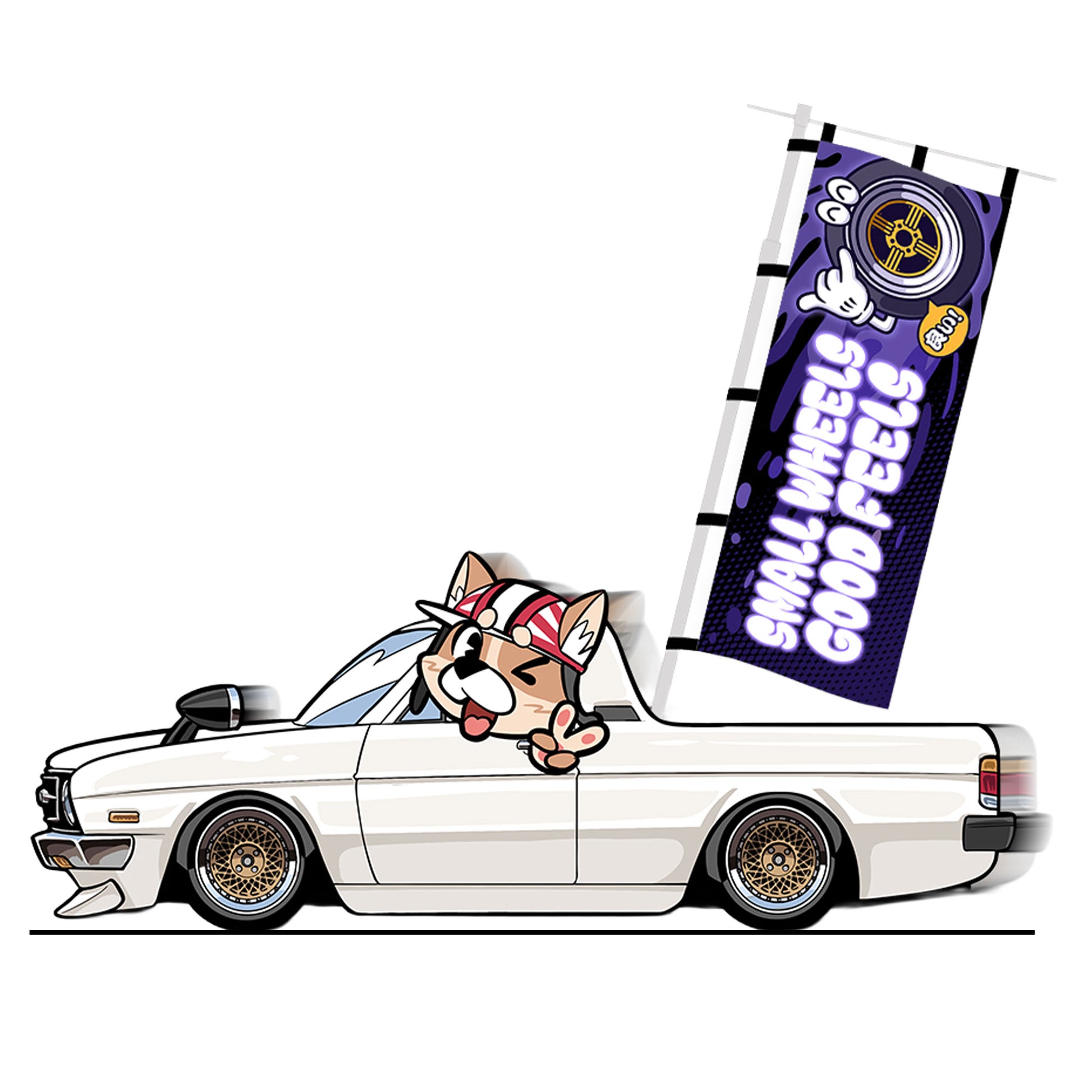 Small Wheels Good Feels Nobori Flag Displayed