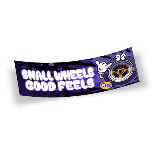 Small Wheels Good Feels slap sticker featuring Devil Japan Shadow Spoke Kyusha wheel mascot artwork and Small Wheels Good Feels text